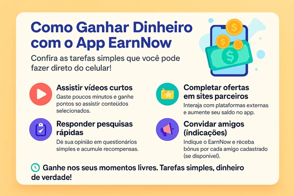 Descrição das maneiras diferentes de ganhar dinheiro com o app EarnNow